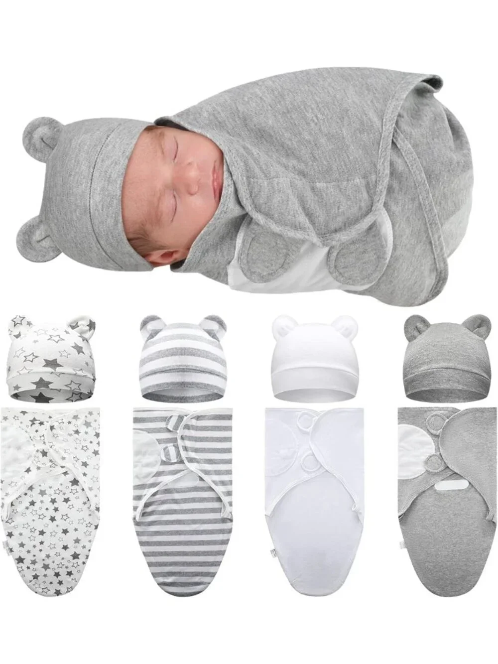 Cozy 4-Pack Swaddle Blankets with Matching Hats for Newborns and Infants